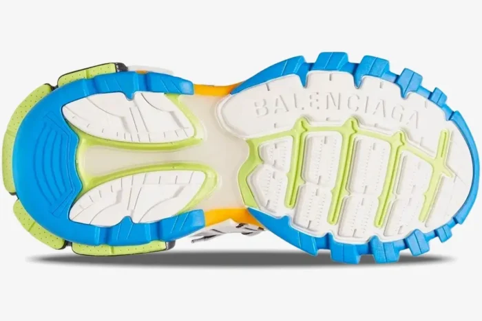 Bottom sole of Balenciaga Track Leather Free White Silver Multi sneaker in blue, white, and lime green. - SKU 542023W2FSA8123