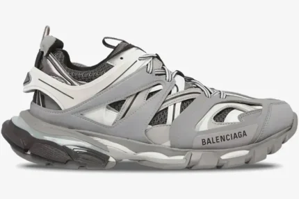 Balenciaga Track Led gray light-up sneaker in a side profile view with layered mesh and nylon panels. - SKU 542023W1GB71214
