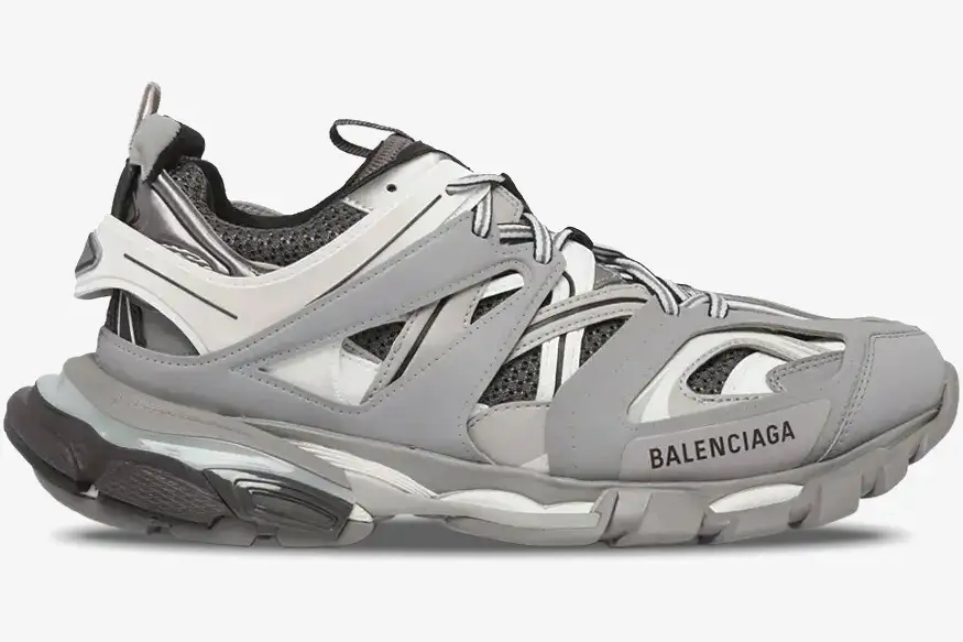 balenciaga-track-led-gray-sneaker-side-view-542023w1gb71214-541-732 Balenciaga Track Led gray light-up sneaker in a side profile view with layered mesh and nylon panels. - SKU 542023W1GB71214