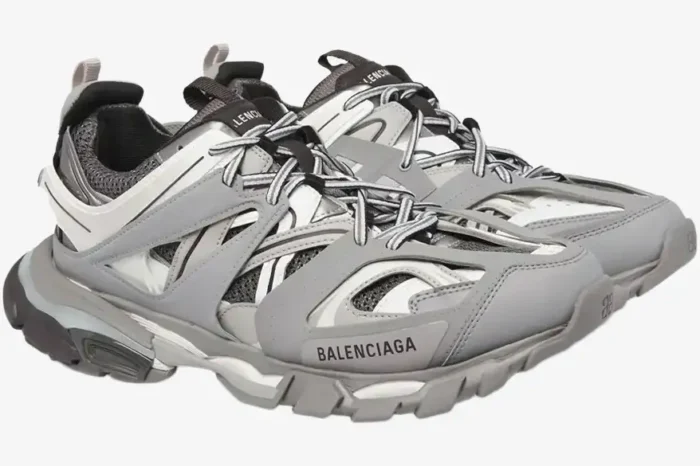 Three-quarter side view of Balenciaga Track Led gray light-up sneakers with layered panels. - SKU 542023W1GB71214