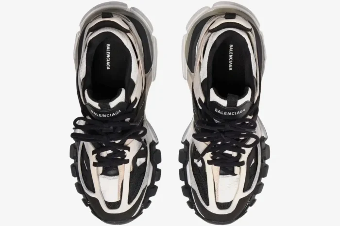 Top-down view of Balenciaga Track Low Sneakers in a grey, black, and white colorway. - SKU 542023W3SU59791