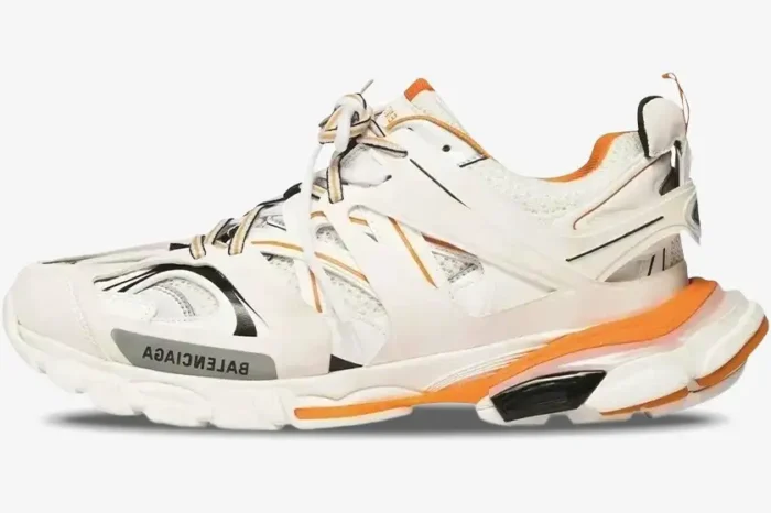 Balenciaga Track Sneaker in white, orange, and black, side profile view. - SKU 542023W1GB19059