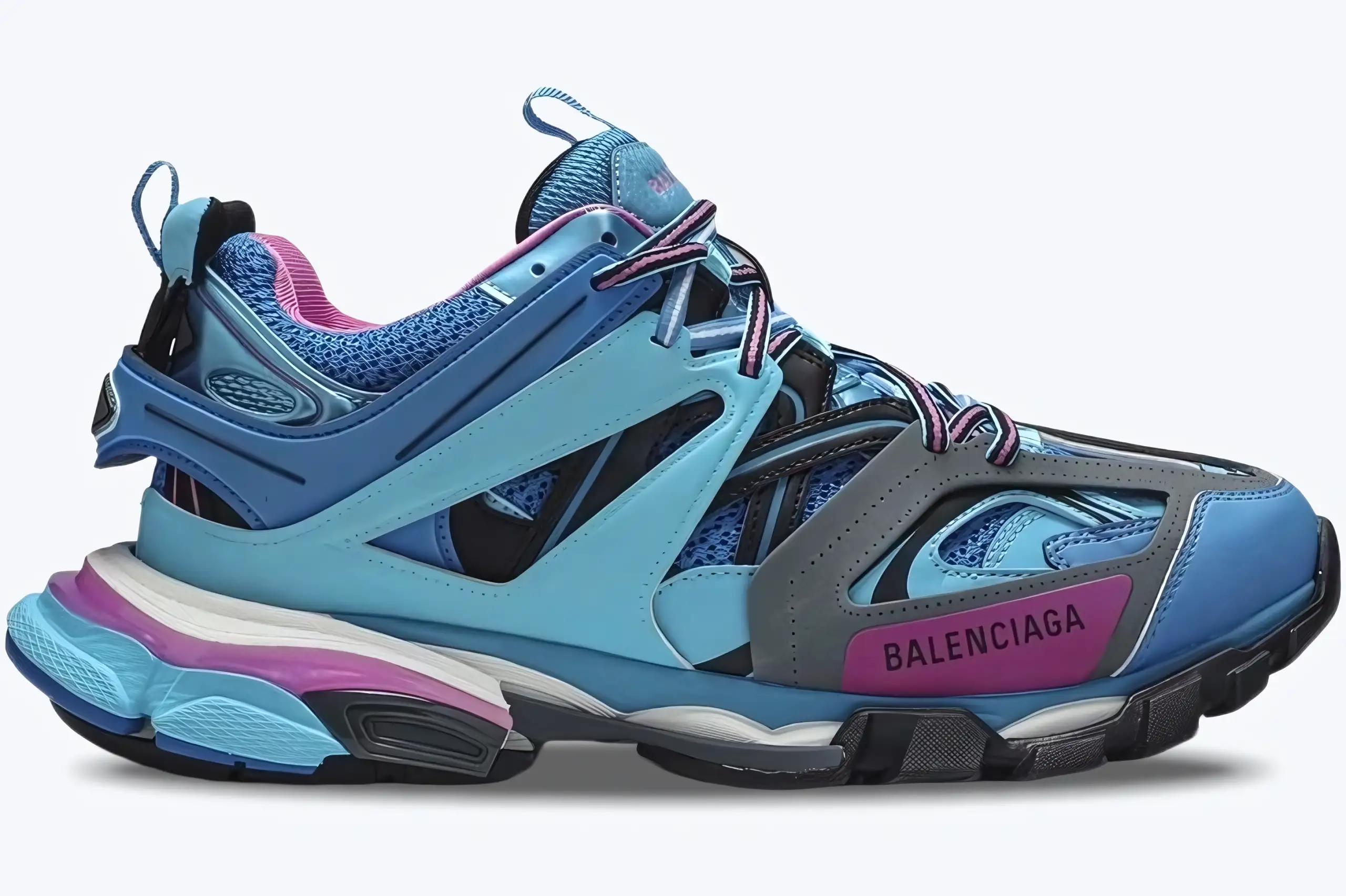 balenciaga-track-trainer-light-blue-pink-side-542023w1gb54162-069-upscaled-20260117_153442 Side profile of a Balenciaga Track Trainer sneaker in light blue, pink, and grey colorway. - SKU 542023W1GB54162