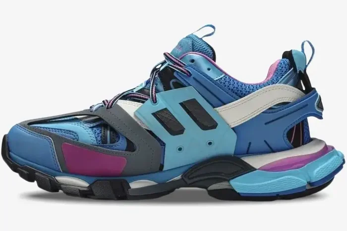 Balenciaga Track Trainer sneaker in light blue and pink, shown from a side profile view. - SKU 542023W1GB54162