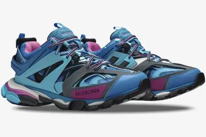 Balenciaga Track Trainer sneaker in light blue and pink, side profile view of both shoes. - SKU 542023W1GB54162