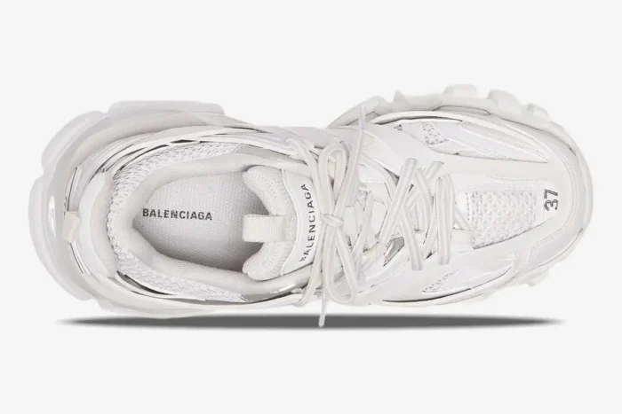 Top-down view of Balenciaga Track white multi-layered sneakers showing the interior branding and laces. - SKU 542023W1GB19000