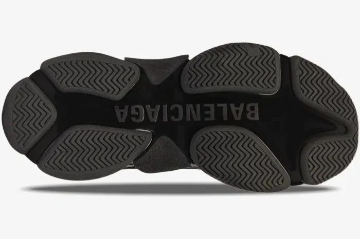 Bottom view of the Balenciaga Triple S x Adidas Black White sneaker showing the chunky black rubber outsole. - SKU 712821W2ZB21090