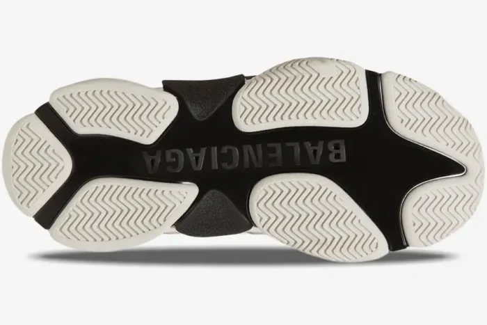 Bottom view of Balenciaga Triple S x Adidas white and black sneaker showing the chunky branded rubber outsole. - SKU 710021W2ZB19112