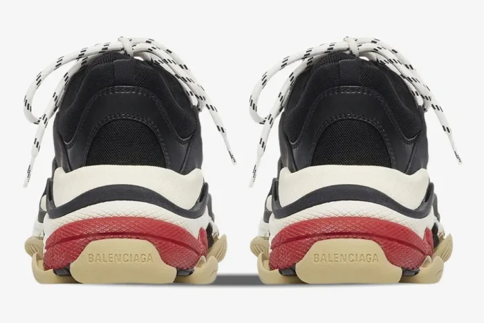 Rear view of Balenciaga Triple S sneakers in black, white, and red with chunky soles. - SKU 533882W09OM1000