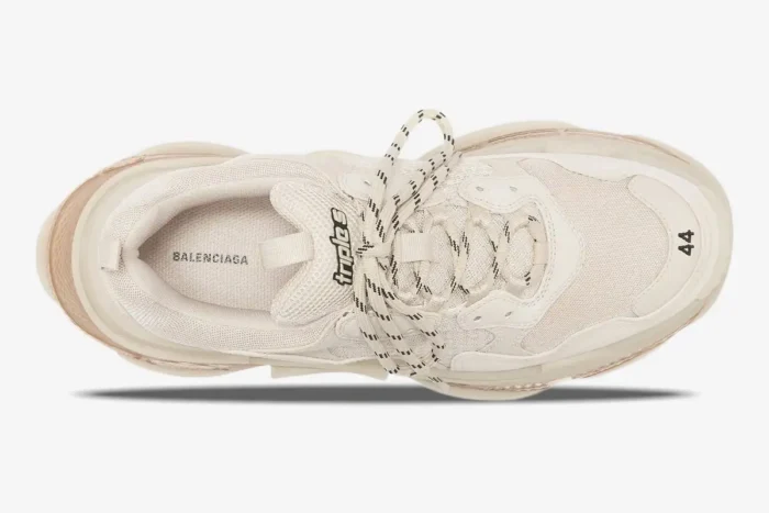 Top-down view of an off-white Balenciaga Triple S Clear Sole sneaker showing laces and interior. - SKU 541624W2FB19005