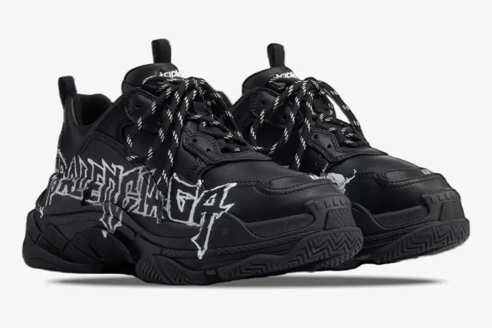 Balenciaga Triple S DIY Metal Artwork sneakers in black, three-quarter view with graffiti logo. - SKU 536737W2FAY1090