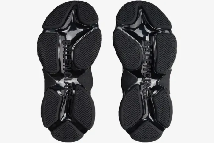 Bottom view of black Balenciaga Triple S DIY Metal Artwork sneakers showing the chunky textured outsoles. - SKU 536737W2FAY1090