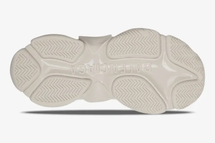 Bottom view of the off-white Balenciaga Triple S Diy Metal sneaker outsole with embossed logo. - SKU 524039W2FW19700