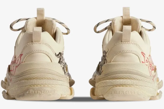 Rear view of Balenciaga Triple S Graffiti sneakers in beige with red and black graphics. - SKU 524039W2FA19010