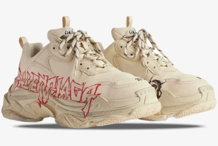 Balenciaga Triple S Graffiti sneakers in beige with red logo, side view. - SKU 524039W2FA19010