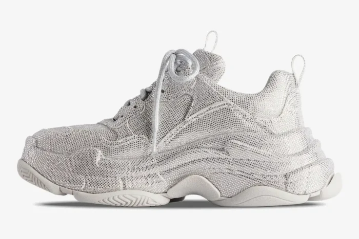 Balenciaga Triple S sneaker in silver white rhinestone, side profile view. - SKU 524039W2TST1100