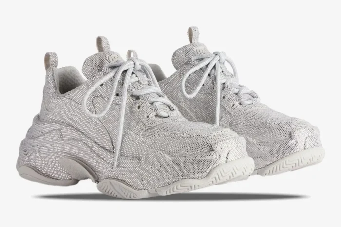 Balenciaga Triple S Rhinestone Silver White chunky sneakers, three-quarter side view. - SKU 524039W2TST1100