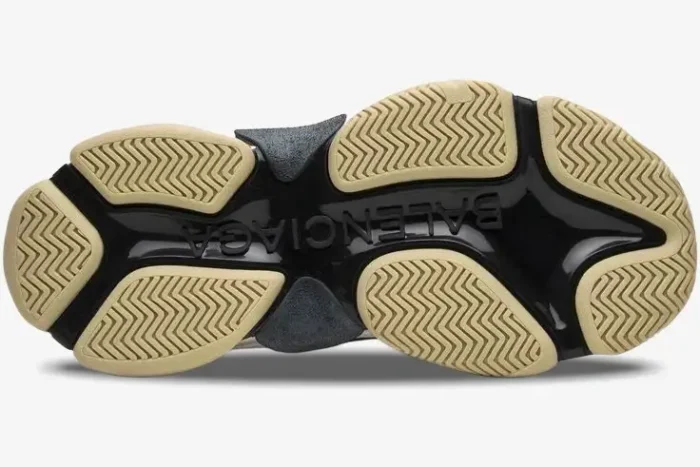 Bottom view of Balenciaga Triple S Silver Black Metallic sneaker outsole with logo and beige tread. - SKU 524039W09O68165
