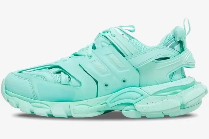 Balenciaga Women's Track Sneaker in Mint Green, side profile view showing layered design and chunky sole. - SKU 542436W2LA13000
