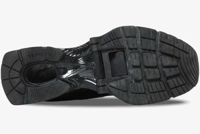 Bottom sole view of a black Balenciaga X-Pander Distressed Suspended Heel Sneaker. - SKU 653871W2RA21000
