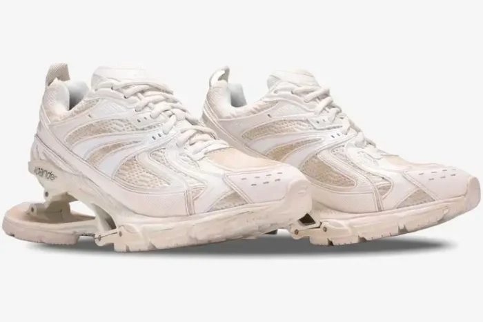 Balenciaga X-Pander sneakers in distressed beige white with a suspended heel, side view. - SKU 653871W2RA29000