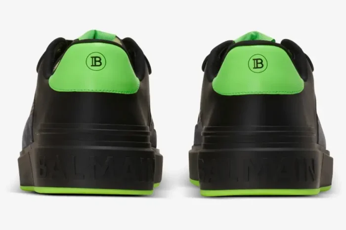 Rear view of Balmain B-Court low-top sneakers in black with neon green heel tabs. - SKU AM1VI289LSYM