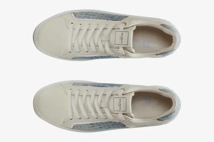 Top-down view of Balmain B-Court Low sneakers in white leather and blue monogrammed denim. - SKU XM1VI291LDSH