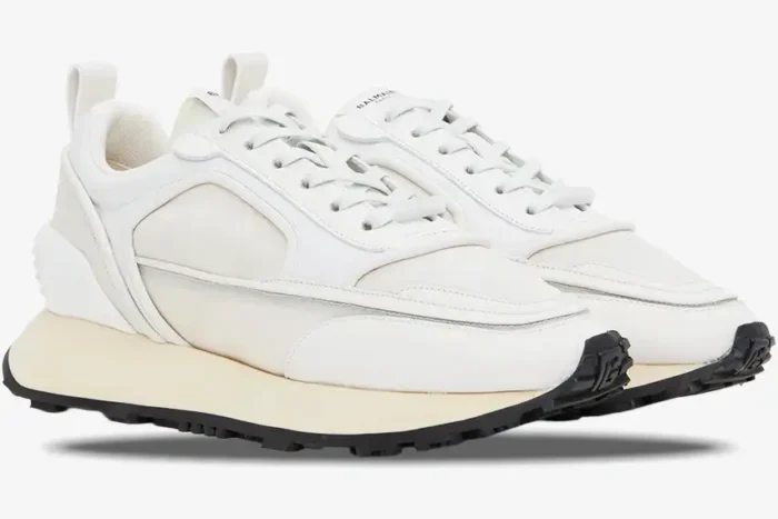 Balmain B-Court Racer sneakers in white and cream, shown from a three-quarter side angle. - SKU am1vi305tsyh