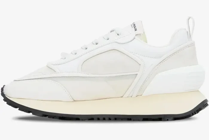 Side profile of Balmain B-Court Racer sneakers in white and cream with a thick midsole. - SKU am1vi305tsyh