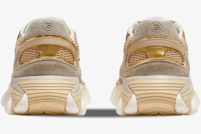 Rear view of Balmain B-East B3V27 sneakers in beige and gold metallic with chunky soles. - SKU B3V27