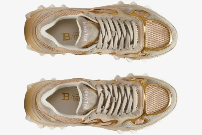Top-down view of Balmain B-East B3V27 sneakers in beige and gold metallic. - SKU B3V27