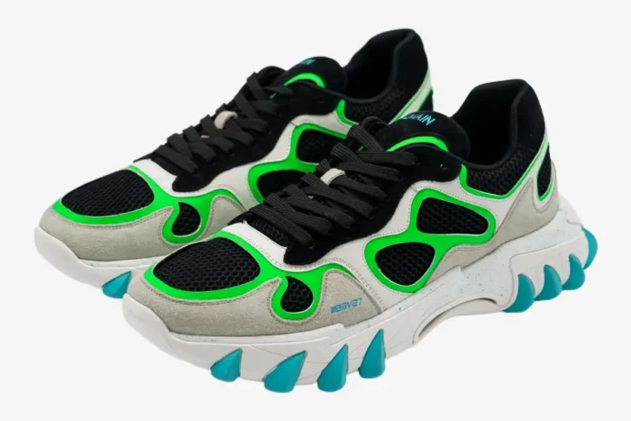 Balmain B-East sneakers in black, green, and turquoise, three-quarter view showing mesh and suede details. - SKU AM1VI327THTF