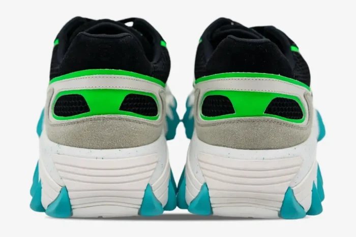 Rear view of Balmain B-East leather suede mesh sneakers in black, green, and turquoise. - SKU AM1VI327THTF
