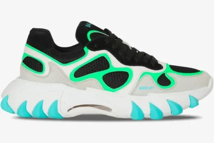 Balmain B-East leather suede and mesh sneaker in black, green, and turquoise, side profile view. - SKU AM1VI327THTF