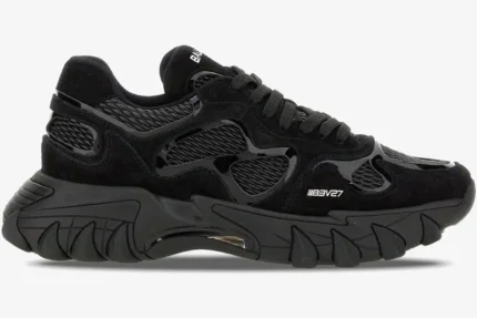 Side view of a Balmain B-East Low Top sneaker in all black with a chunky textured sole. - SKU AM1VI327THPC-0PA