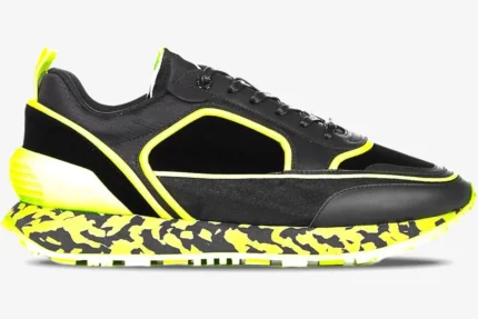 Side profile of Balmain B-Racer sneakers in black and neon yellow with a marbled midsole. - SKU ym1vi305tvnh