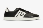 Side profile of Balmain Calfskin Swan Trainers in black and white leather. - SKU EM0VI360LVTR