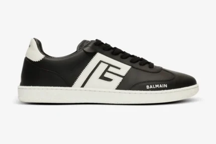 Side profile of Balmain Calfskin Swan Trainers in black and white leather. - SKU EM0VI360LVTR