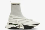 White Balmain Chunky Unicorn High sock sneaker shown from a side profile view. - SKU BM1VH343KLKB-GAB