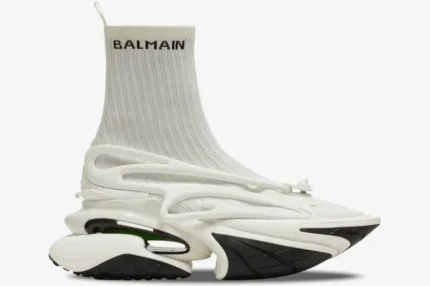 White Balmain Chunky Unicorn High sock sneaker shown from a side profile view. - SKU BM1VH343KLKB-GAB