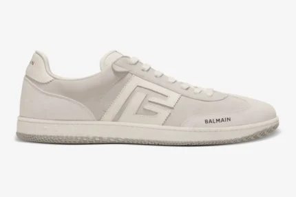 Side view of Balmain Swan off-white suede and smooth leather trainers. - SKU FM1VI360LWSC