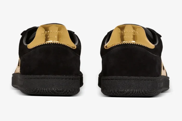 Rear view of Balmain Swan black goatskin suede sneakers with metallic gold heel tabs. - SKU AM1VI261LSGG