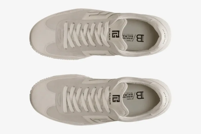 Top-down view of Balmain Swan off-white suede and smooth leather trainers. - SKU FM1VI360LWSC