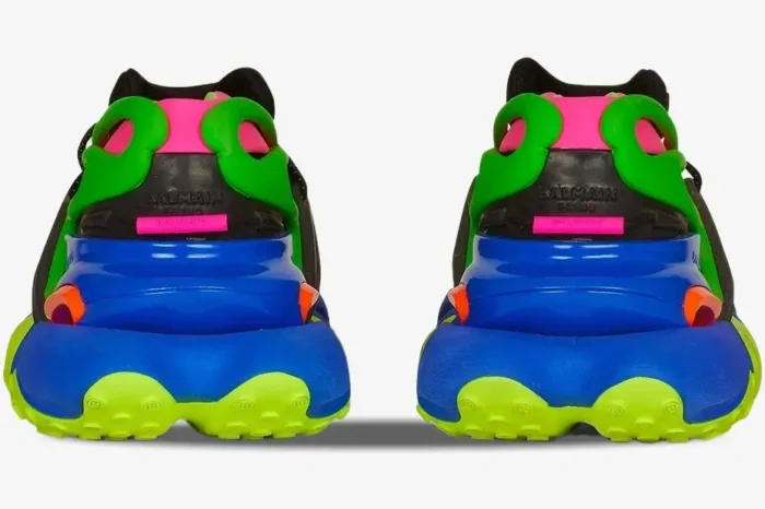 Rear view of Balmain Unicorn Low Multicolor Black sneakers with chunky neon blue and green soles. - SKU YM1VJ309KNHC