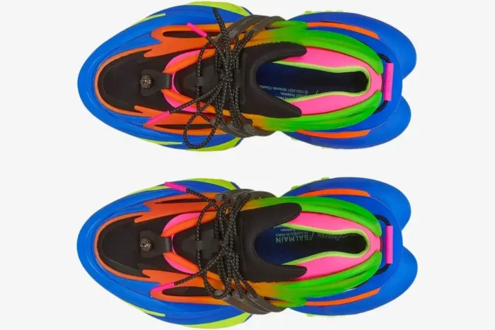 Top-down view of Balmain Unicorn Low sneakers in multicolor black with vibrant blue, orange, and green accents. - SKU YM1VJ309KNHC