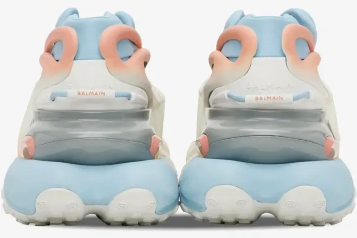 Rear view of Balmain Unicorn Low Top sneakers in multi blue, pink, and white neoprene and leather. - SKU baam0vj309kncg-gmo