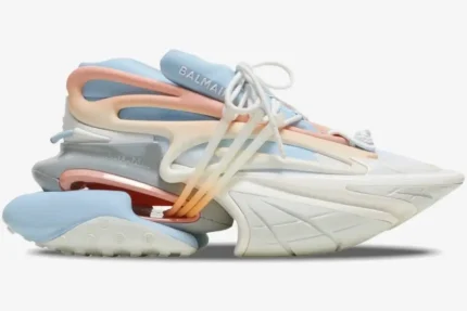 Balmain Unicorn Low Top sneaker in multi blue, pink, and white, side profile view. - SKU baam0vj309kncg-gmo