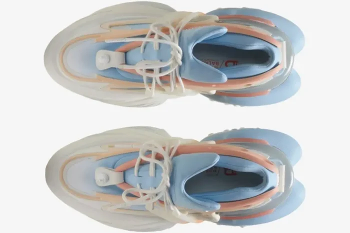 Top-down view of Balmain Unicorn Low Top sneakers in multi blue, pink, and white neoprene and leather. - SKU baam0vj309kncg-gmo