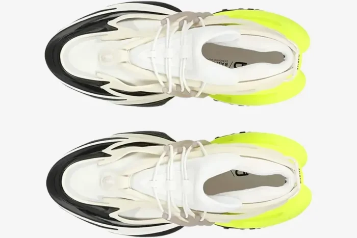 Top-down view of Balmain Unicorn Low Top Sneakers in white and neon yellow with black accents. - SKU AM0VI294LNSB