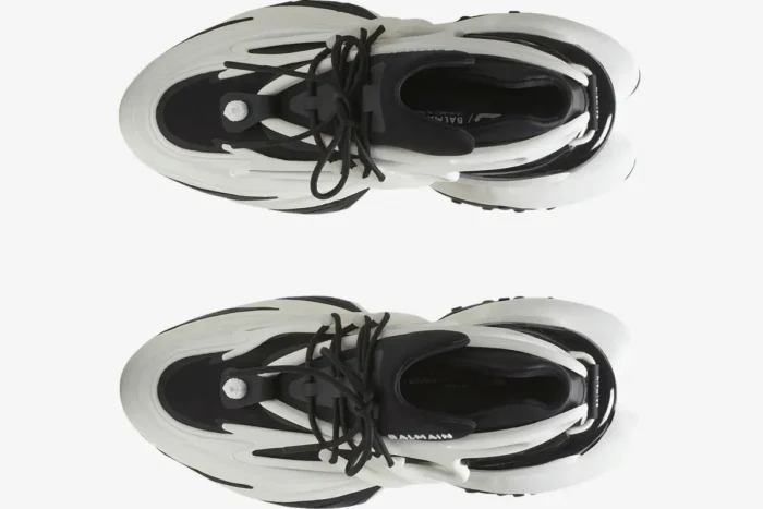 Top-down view of Balmain Unicorn Chunky Sneakers in black and white featuring a layered, futuristic design. - SKU BN1VF724KNOC